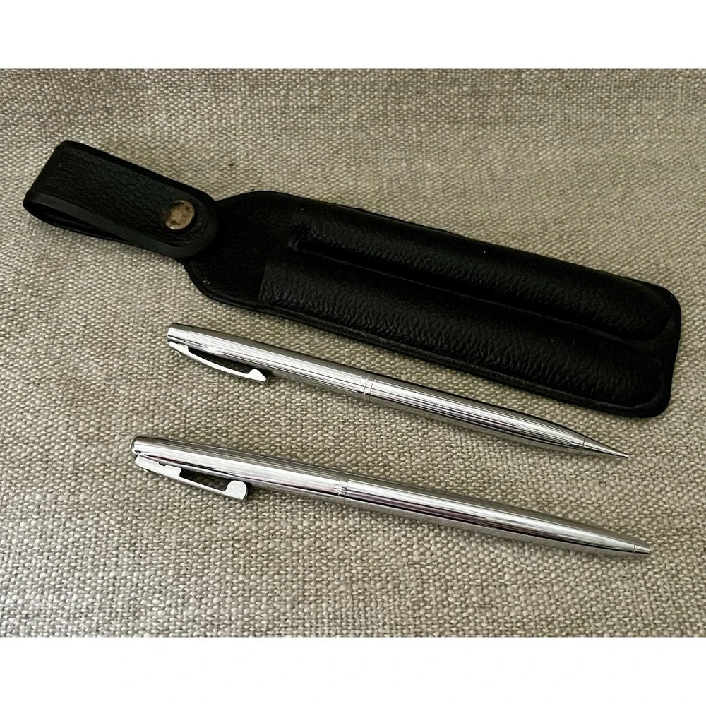 Vintage Sheaffer Chrome Pen and Pencil Set USA White Dot Black Leather Case